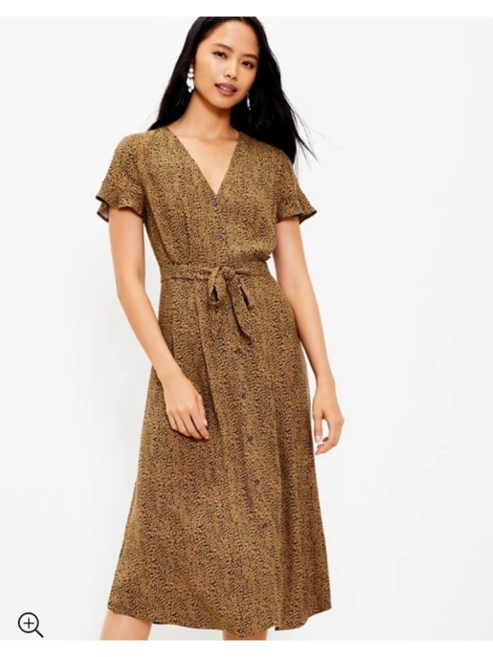 LOFT Tan Brown Leopard Cheetah Print Button-Front Tie-Waist Midi Dress